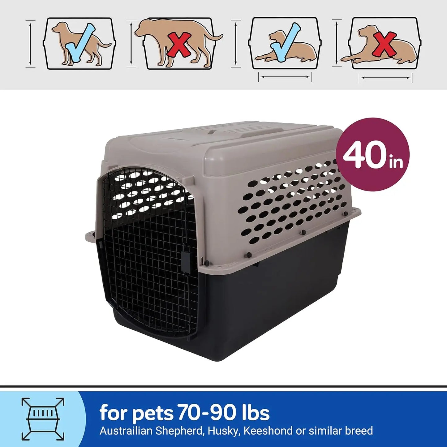Vari Dog Kennel 40", Taupe & Black, Portable Dog Crate for Pets 70-90Lbs, Made in USA